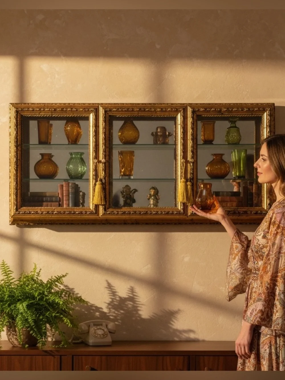Vintage Creazioni Artistiche Italian Gold Triple Glass Shadow Box Curio Cabinet